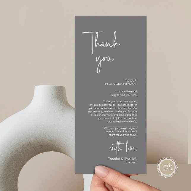 Modern Wedding Place Setting Dinner Thank You Card (Modern Wedding Dinner Place Setting Thank You Card, in Handwriting Script, Dark Grey)