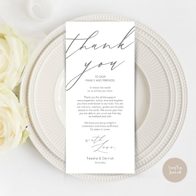 Modern Wedding Place Setting Thank You Dinner Card (Wedding Dinner Place Setting Thank You Card, Modern Minimalist Script, in Dark Grey)