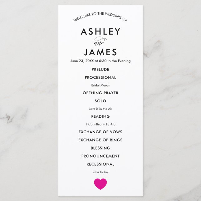 Modern Wedding Program for Ceremony Fuchsia Heart Programme (Front)