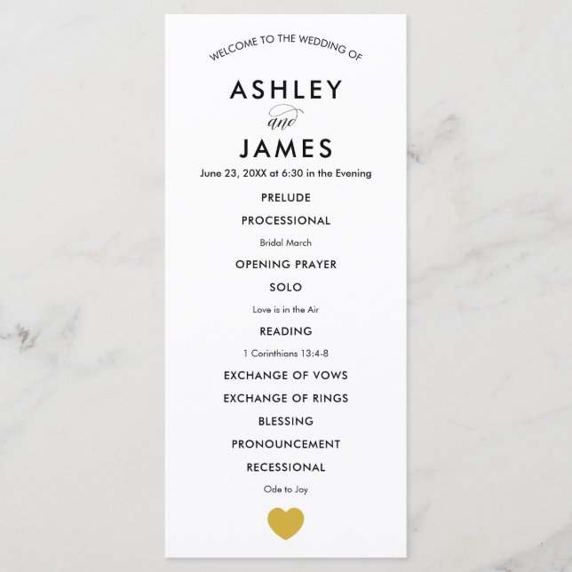 Modern Wedding Program for Ceremony, Gold Heart Programme (Front)