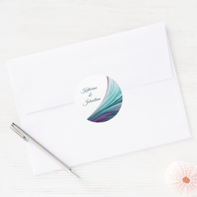Modern Wedding-Purple and Teal- Classic Round Sticker (Envelope)