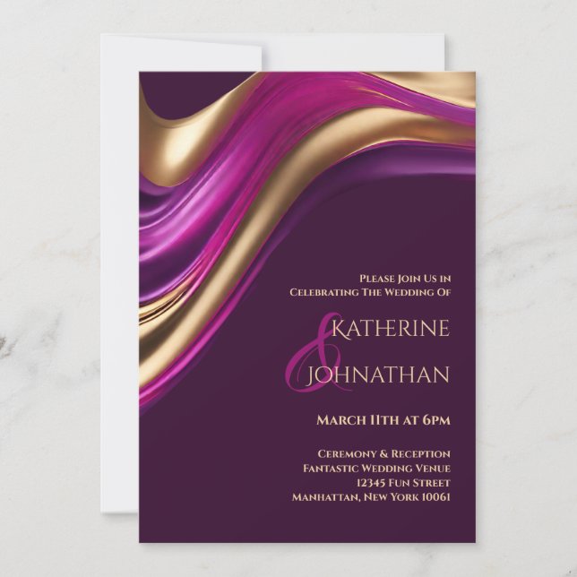 Modern Wedding-Purple Fuchsia and Gold- Invitation (Front)