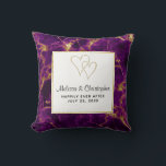Modern Wedding Purple & Gold Abstract Marble Cushion<br><div class="desc">Personalised wedding pillow with a beautiful abstract pattern featuring a marble design. Rich purple colours blending together combined with faux-gold swirling ribbons of colour mixing and mingling throughout the design. A square with a faux gold-foil border layered over top with your personalised text inside. 2 joined hearts above the text....</div>