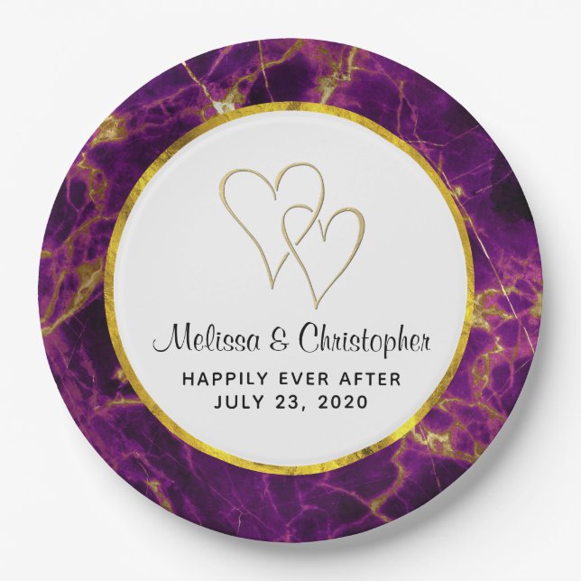 Modern Wedding Purple & Gold Abstract Marble Paper Plate (Front)