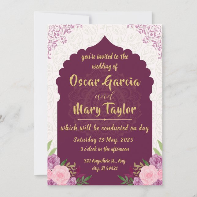 modern Wedding Purple pink and Golden, flowers Invitation (Front)