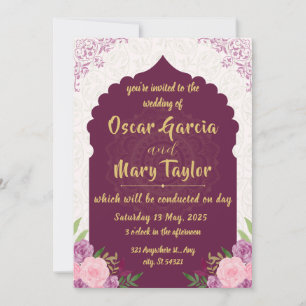 modern Wedding Purple pink and Golden, flowers Invitation