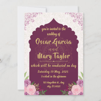 modern Wedding Purple pink and Golden, flowers Invitation