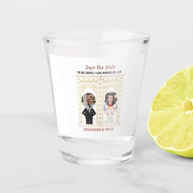 Modern Wedding QR Code Add Name Date Photo Website Shot Glass (Front)