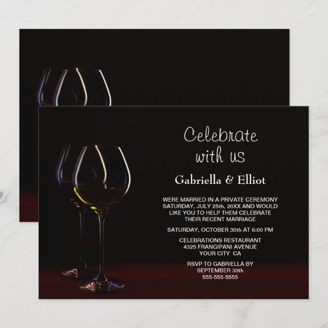 Modern Wedding Reception Black Wine Glass Party Invitation (Front/Back)