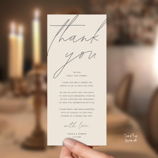 Modern Wedding Reception Dinner Thank You Card (Modern Wedding Reception Dinner Lunch Brunch Party Thank You Card in warm cream grey)
