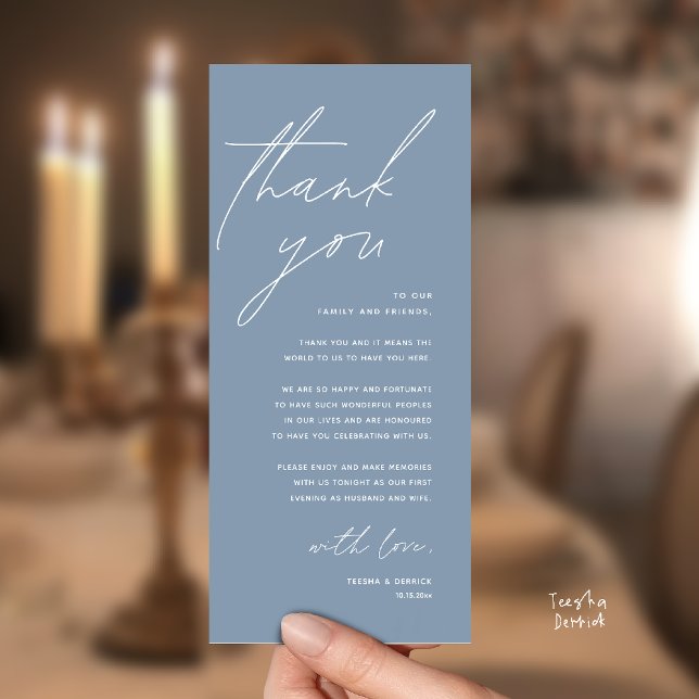 Modern Wedding Reception Dinner Thank You Card (Modern Wedding Reception Dinner Lunch Brunch Party Thank You Card in dusty blue)