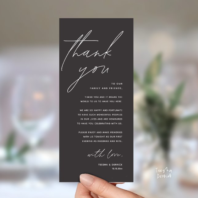 Modern Wedding Reception Dinner Thank You Card (Modern Wedding Reception Dinner Lunch Brunch Party Thank You Card in charcoal grey)