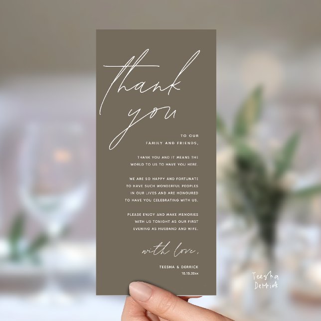 Modern Wedding Reception Dinner Thank You Card (Modern Wedding Reception Dinner Lunch Brunch Party Thank You Card in warm taupe brown)