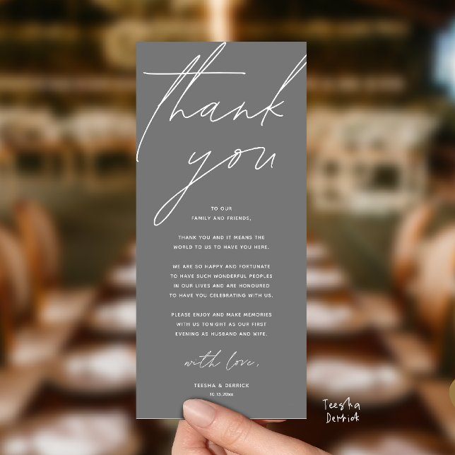 Modern Wedding Reception Dinner Thank You Card (Modern Wedding Reception Dinner Lunch Brunch Party Thank You Card in dark grey)