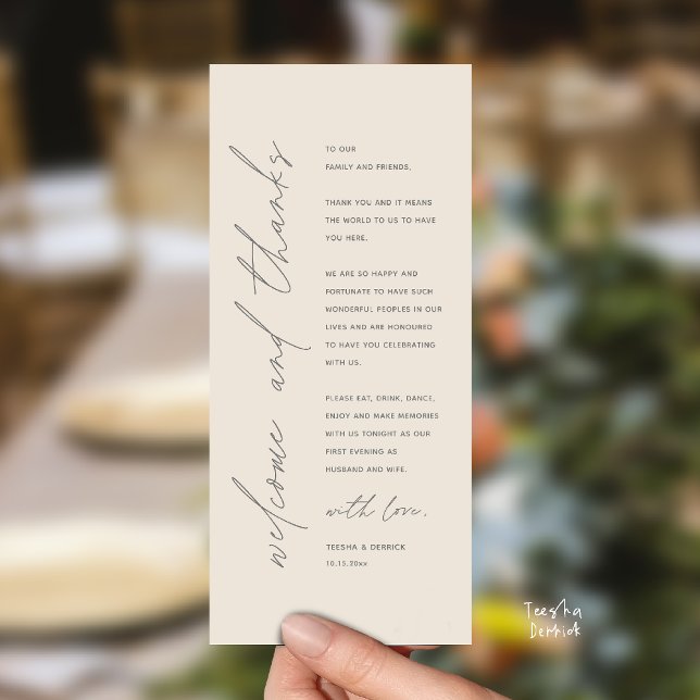 Modern Wedding Reception Dinner Thank You Card (Welcome and thanks, Modern Wedding Reception Dinner Thank You card, family friends in cream grey)