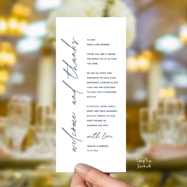 Modern Wedding Reception Dinner Thank You Card (Welcome and thanks, Modern Wedding Reception Dinner Thank You card, family friends in navy blue)