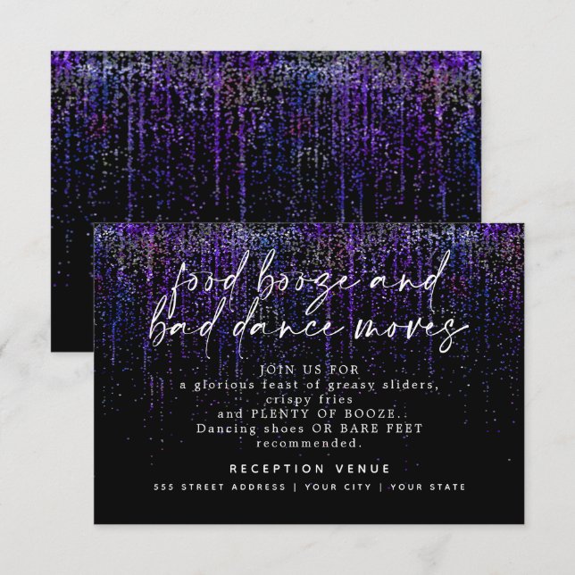 Modern Wedding Reception Edgy Purple Glitter Invitation (Front/Back)