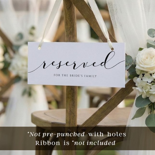 Modern Wedding Reserved Card Sign Calligraphy (Wedding reserved cards to hang on chairs in an elegant black and white script - ribbon not included.)
