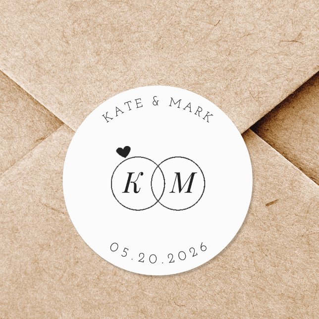 Modern Wedding Rings Monogram Save the Date Classic Round Sticker (Creator Uploaded)
