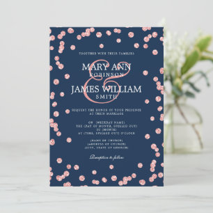 Modern Wedding Rose Gold Glitter Confetti Navy Invitation