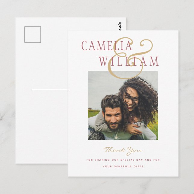 Modern Wedding Rose Pink Gold THANK YOU PHOTO Postcard (Front/Back)