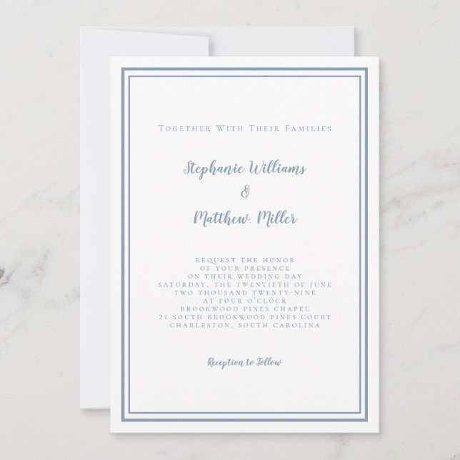 Modern Wedding & RSVP QR Code Details Dusty Blue  Invitation (Front)