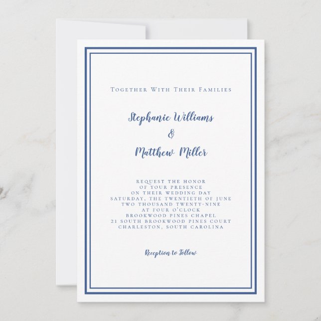Modern Wedding & RSVP QR Code Details Navy Blue Invitation (Front)