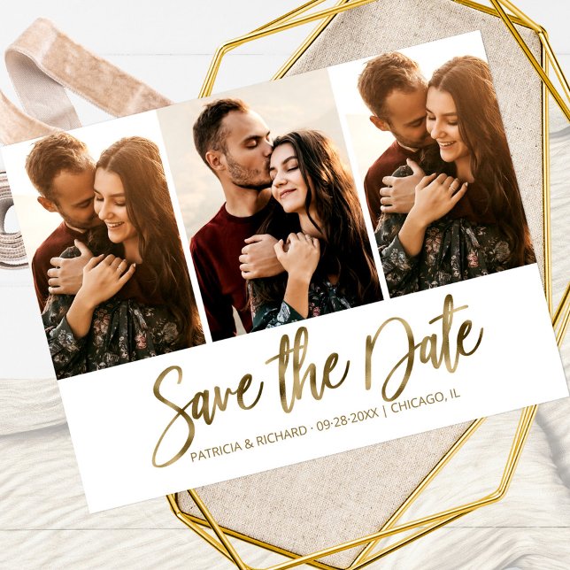 Modern Wedding Save The Date 3 Photo Collage Postcard (Creator Uploaded)