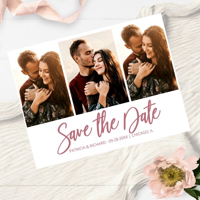 Modern Wedding Save The Date 3 Photo Collage Postcard (Creator Uploaded)