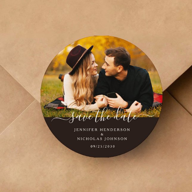 Modern Wedding Save The Date Engagement Photo Classic Round Sticker (Modern Wedding Save The Date Engagement Photo Classic Round Sticker)