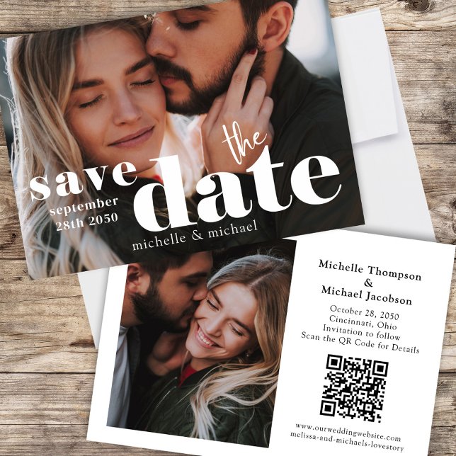 Modern Wedding Save the Date Photo QR Code (Two Photo Wedding Save the Date Photo Card )