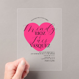 Modern Wedding Script Black Pink Heart Acrylic Invitations