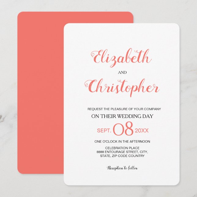 Modern Wedding Script Colour Coral Invitation (Front/Back)