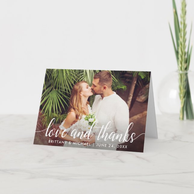 Modern Wedding Script Love and Thanks Photo Fold Thank You Card (Front)