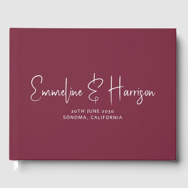Modern Wedding Script Name Burgundy Guest Book (Front)