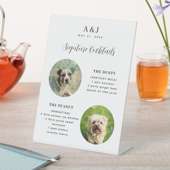 Modern Wedding Signature Cocktail Menu Two Photos Pedestal Sign (In SItu)