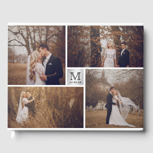 Modern Wedding Silver Monogram 4 Photo Collage Guest Book