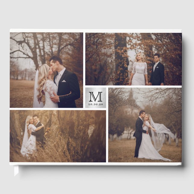 Modern Wedding Silver Monogram 4 Photo Collage Guest Book (Front)