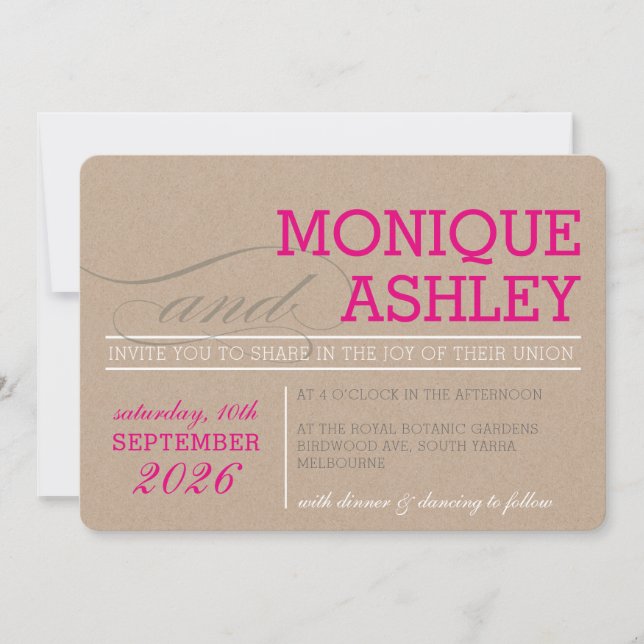 MODERN WEDDING simple bold text pink kraft white Invitation (Front)