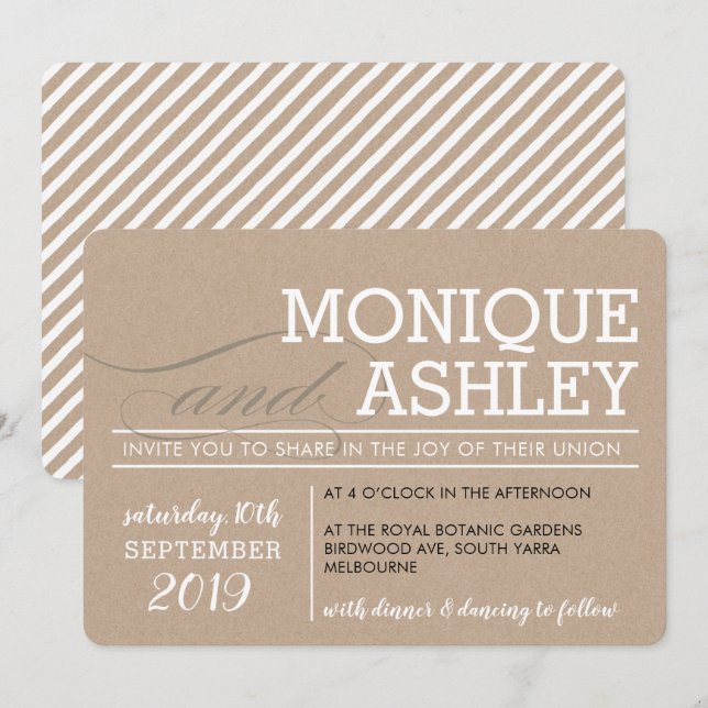 MODERN WEDDING simple minimal bold kraft white Invitation (Front/Back)