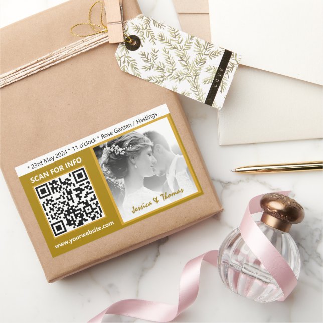 Modern Wedding Stickers, QR Code, Photo, Gold Rectangular Sticker (Gifting)