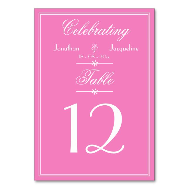 Modern Wedding Stylish Script Names Chic Cool Pink Table Number (Front)