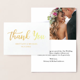 Modern Wedding Thank You B Script Photo Gold Foil Card