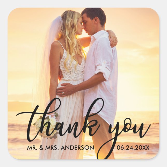 Modern Wedding Thank You Bride Groom Photo B Square Sticker (Front)