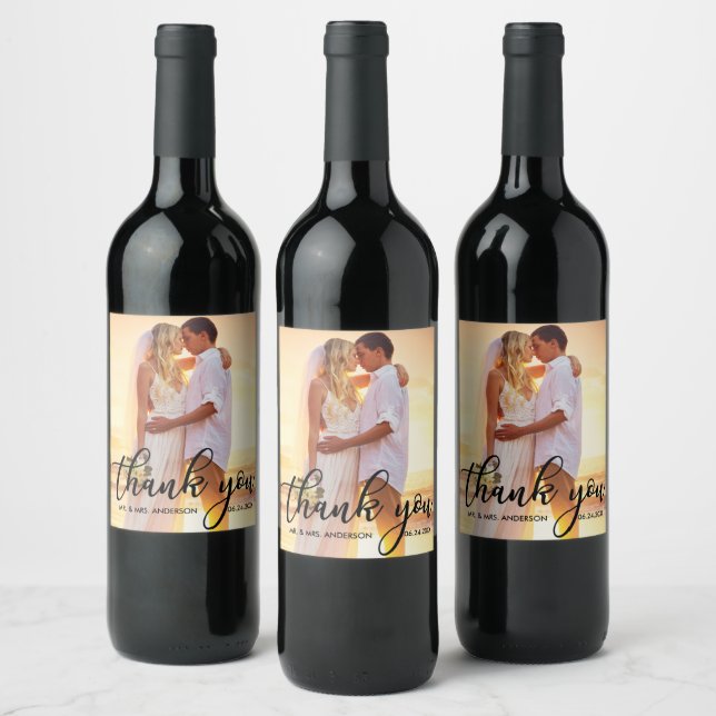 Modern Wedding Thank You Bride Groom Photo B Wine Label (Bottles)