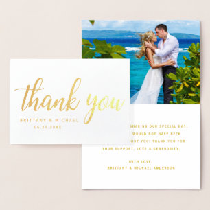 Modern Wedding Thank You Couple Photo Gold Foil Card