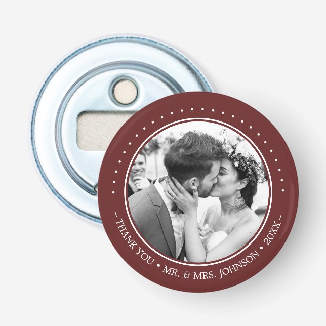 Modern Wedding Thank You Photo Burgundy Bottle Opener (Front)