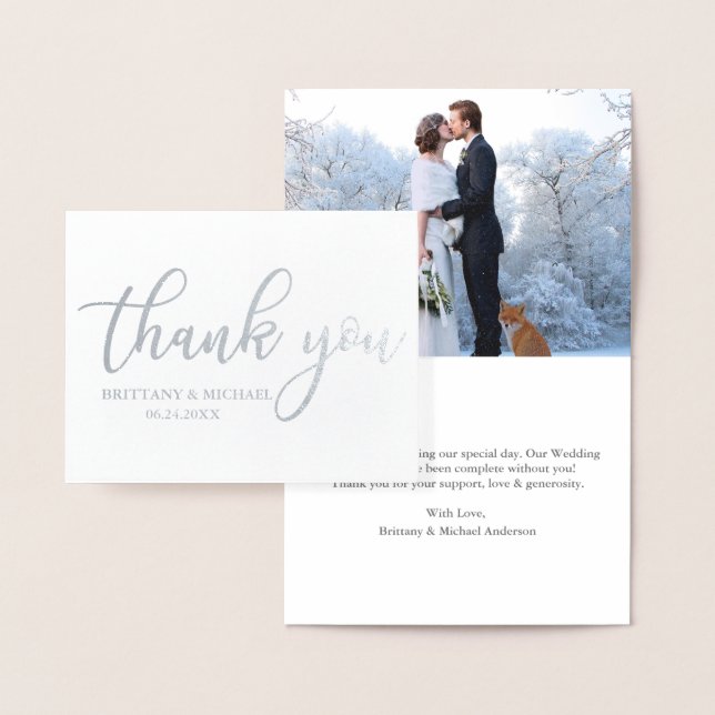 Modern Wedding Thank You Photo Note Silver Foil Card (Display)