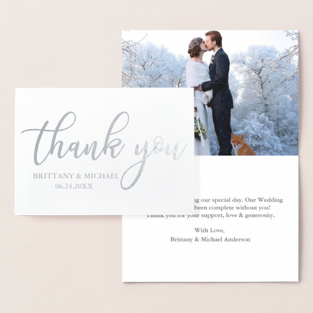 Modern Wedding Thank You Photo Silver Foil Card (Display)