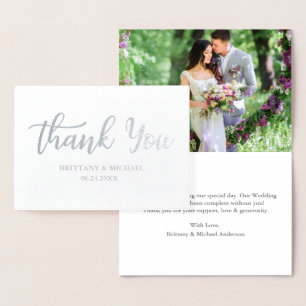 Modern Wedding Thank You Script Photo Silver Foil Card